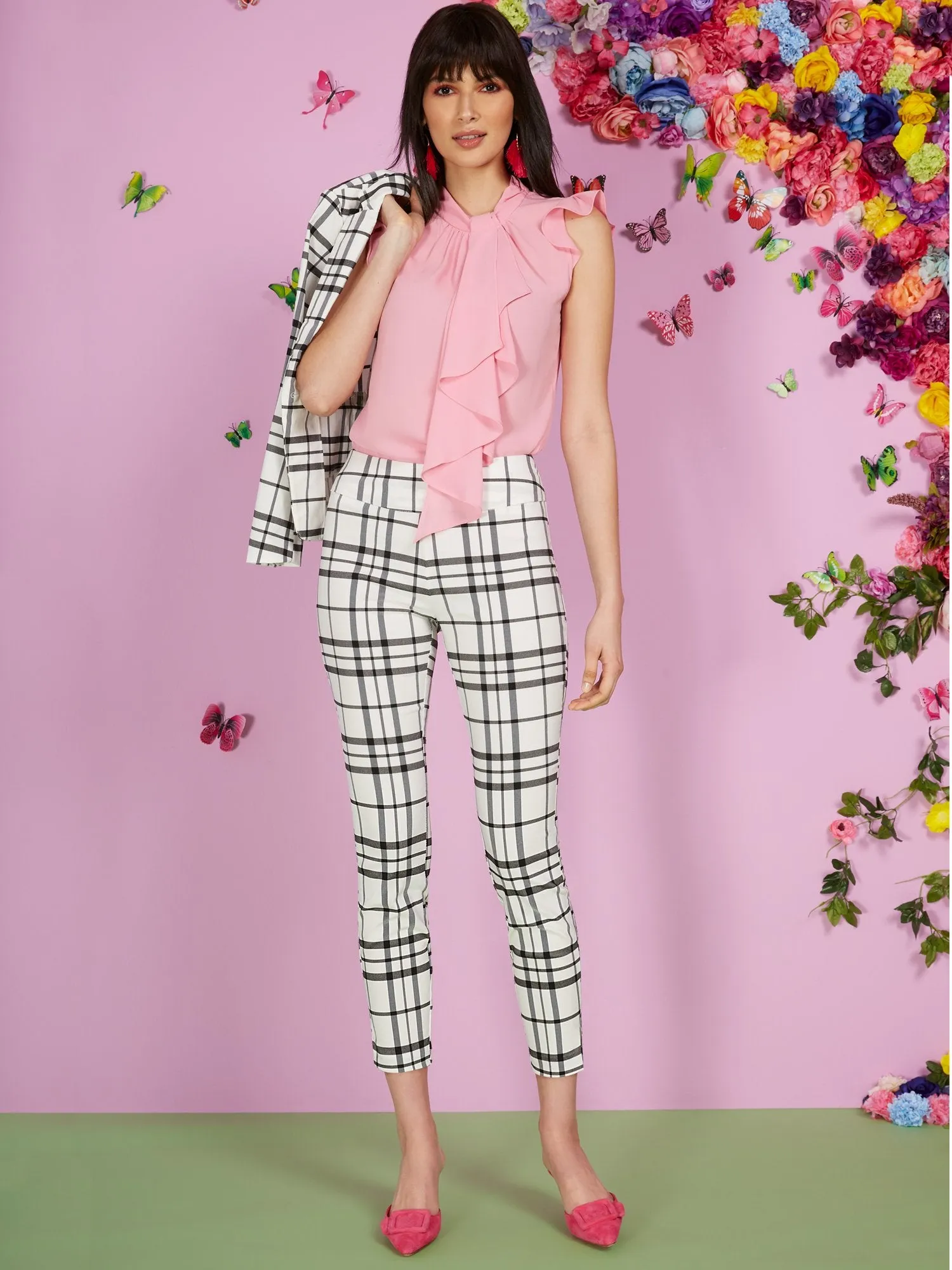 Whitney High-Waisted Pull-On Slim-Leg Ankle Pant - Black & White Plaid