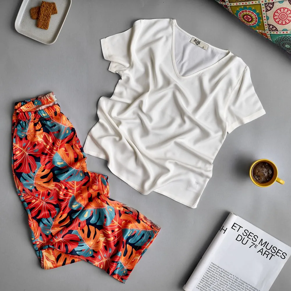 Women summer pajama set Off-white top   Orange leaves Pants