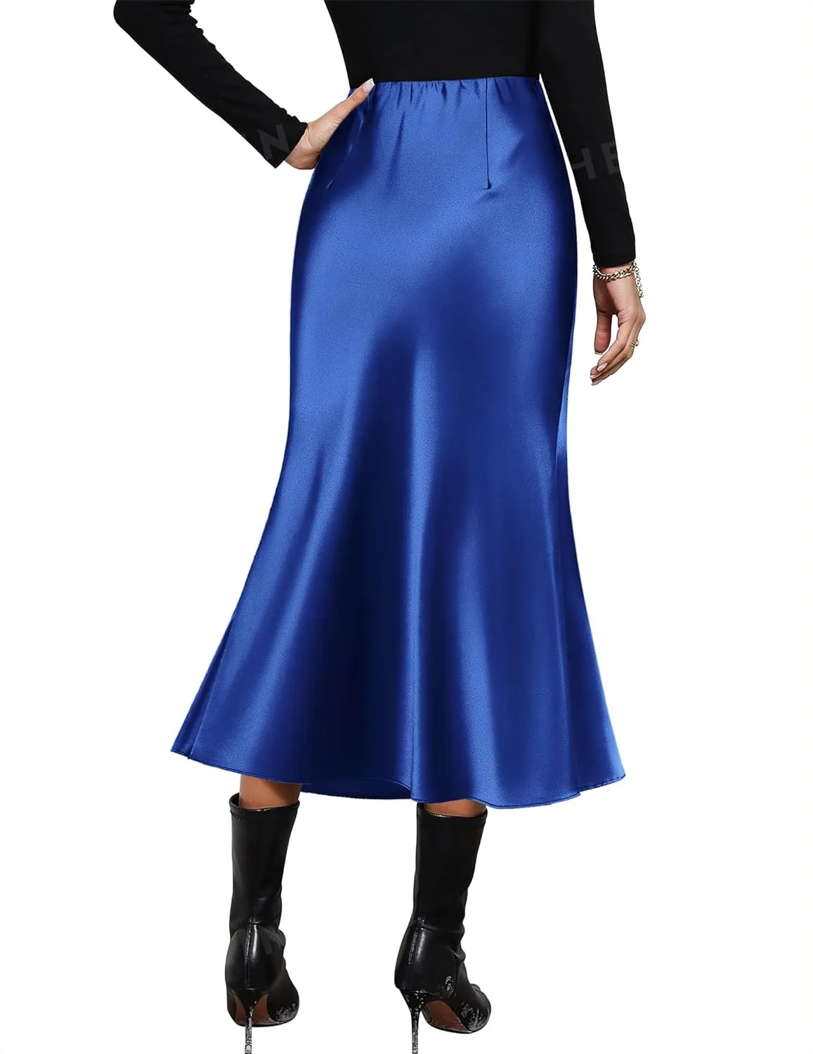 Zeagoo Womens Satin Skirt Thin High Waist Midi Skirt Flowy Silk Casual Skirts Mermaid Hem